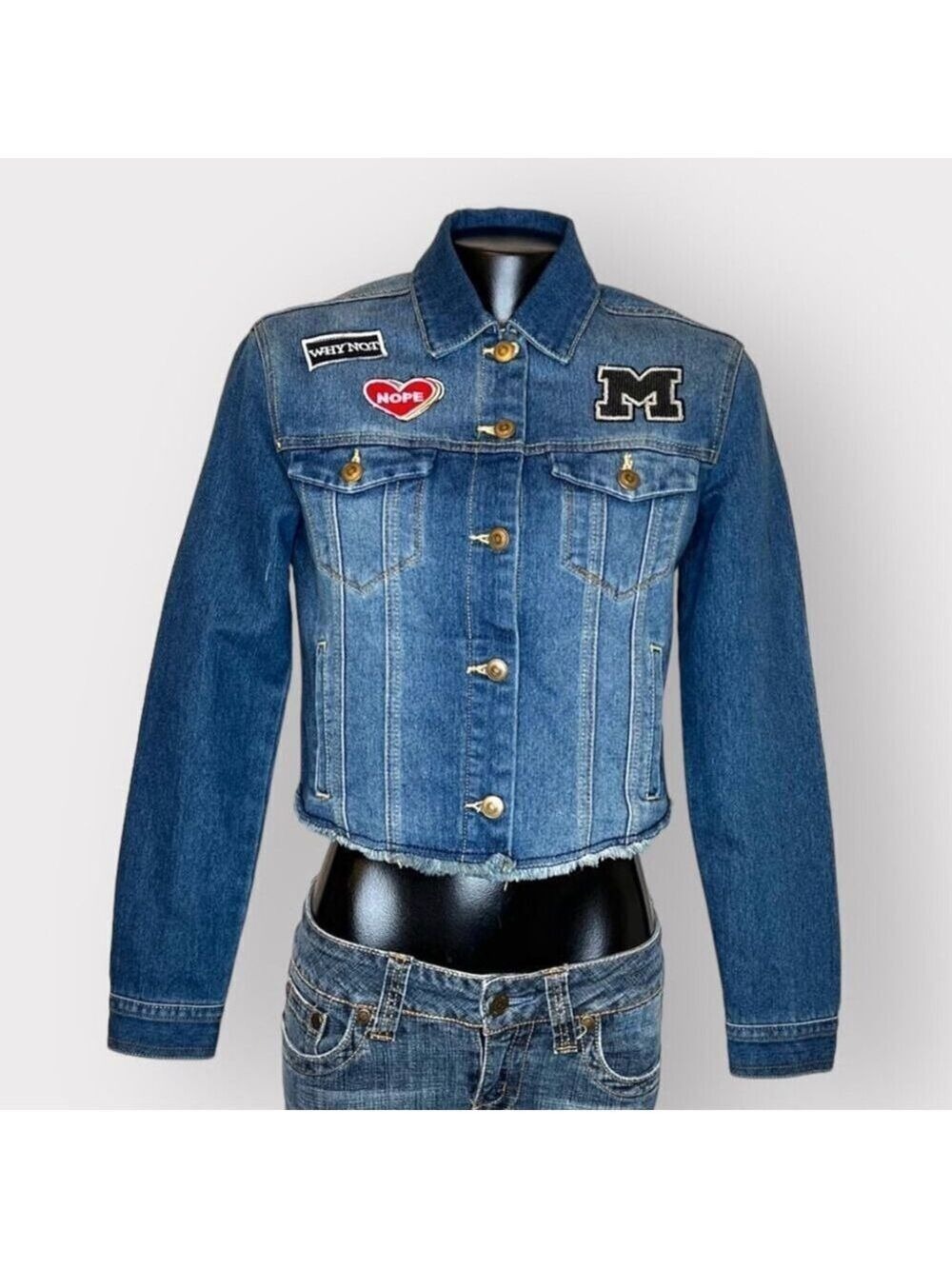 Rue21 NEW Cropped Jean Jacket Small Raw Hem Stretchy Denim Punk Patches Pockets